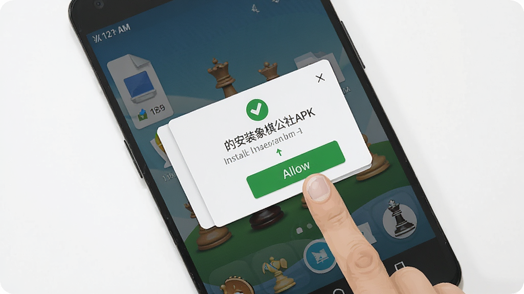 一张展示安卓手机安装象棋公社APK文件的步骤示意图,画面中手机屏幕上显示安装确认弹窗,旁边有手指点击允许按钮的动作,背景是简洁的手机桌面,风格扁平化设计,细节清晰,画质干净无多余元素