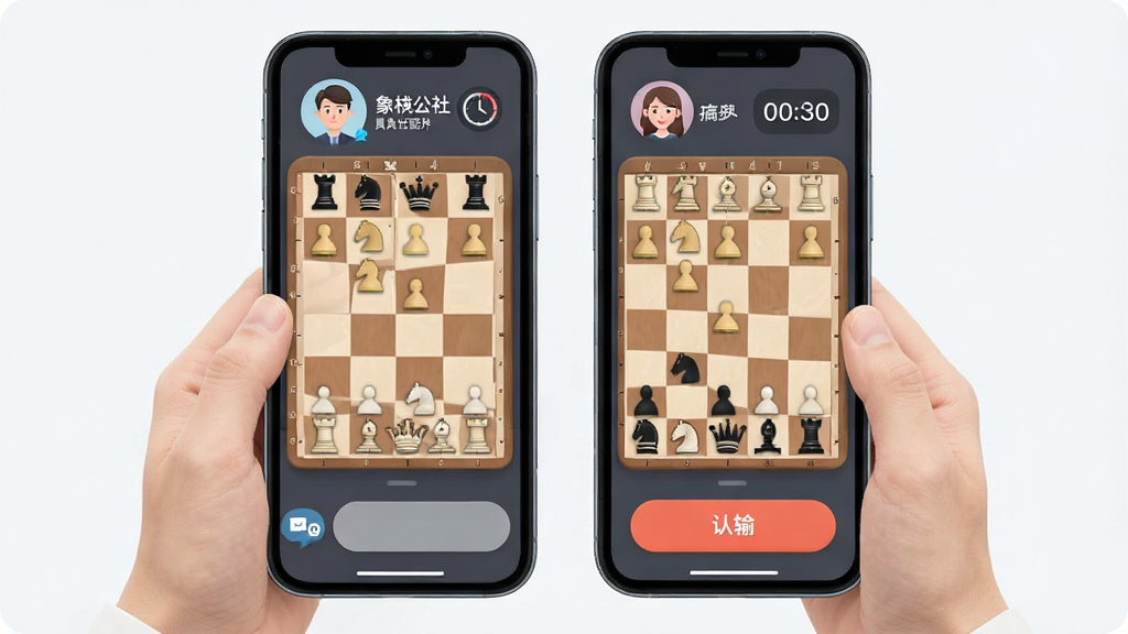 一张展示象棋公社真人匹配对弈界面的图片,画面中两位棋手正在手机屏幕上对战,棋盘清晰可见,上方显示对手头像和倒计时,底部有聊天和认输按钮,风格现代简洁,细节圆润,画质干净无多余元素