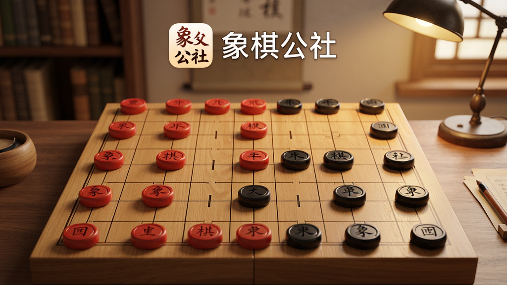 一张展示象棋公社应用主界面的图片,画面中央是木质纹理的中国象棋棋盘,红黑棋子摆放整齐,棋盘上方有象棋公社的应用图标和名称,界面简洁无广告,背景是温暖的书房环境,风格写实细腻,细节清晰,画质干净无多余元素