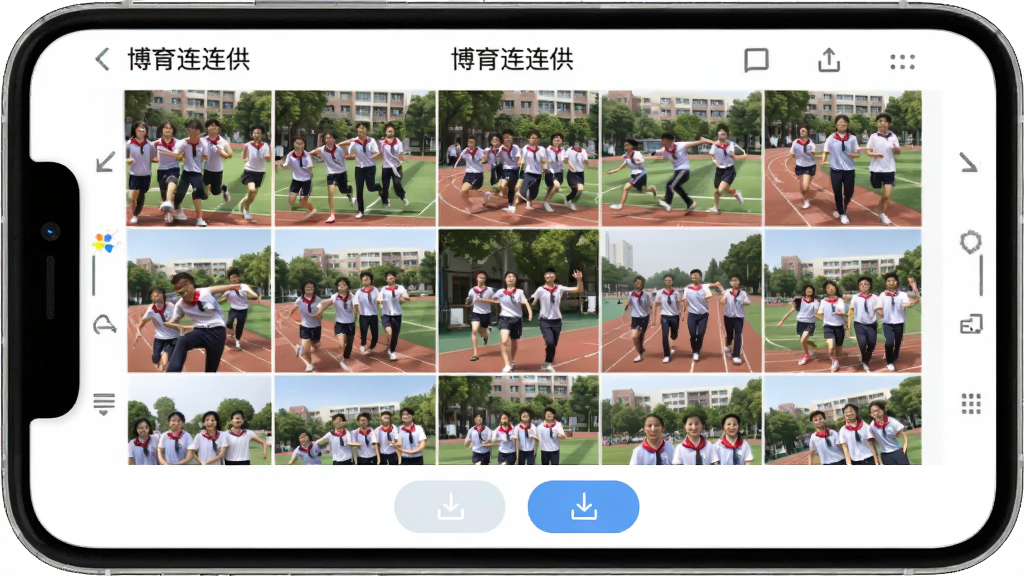 һ��չʾ���������������༶��Ṧ�ܵ�ͼƬ������Ϊ�ֻ���Ļ��ʾ������񲼾֣���Ƭ����ΪѧУ�˶��᳡�������涥���С��������������������ƣ��ײ����ϴ������ذ�ť����������죬���ʸɾ����޶���Ԫ�ء�