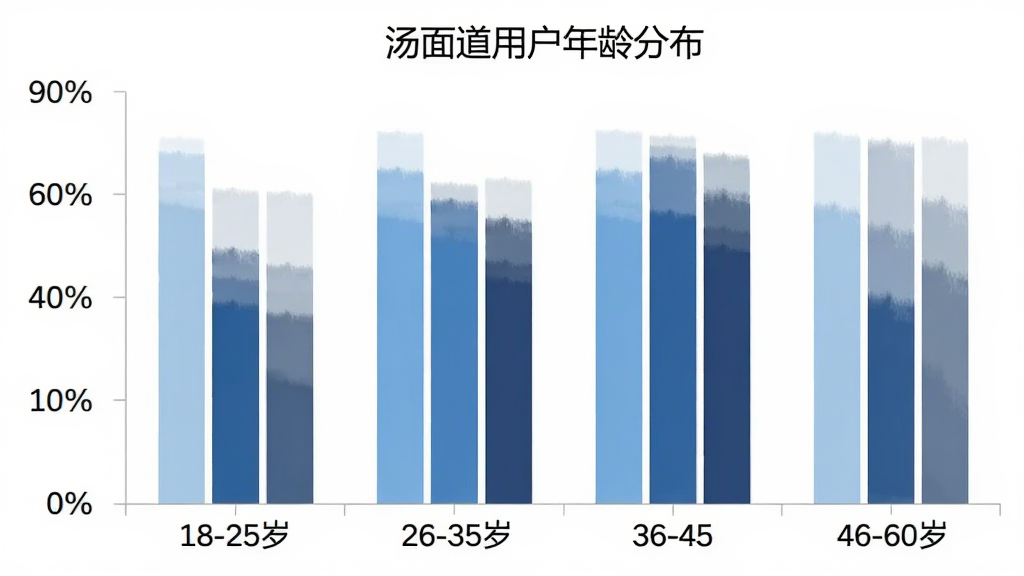 一个柱状图展示汤面道用户年龄分布,横轴为年龄段18-25岁、26-35岁、36-45岁、46-60岁,纵轴为用户占比百分比,柱状图颜色分别为浅蓝、中蓝、深蓝、灰蓝,图表标题为“汤面道用户年龄分布”,背景白色,风格简洁现代,画质干净无多余元素