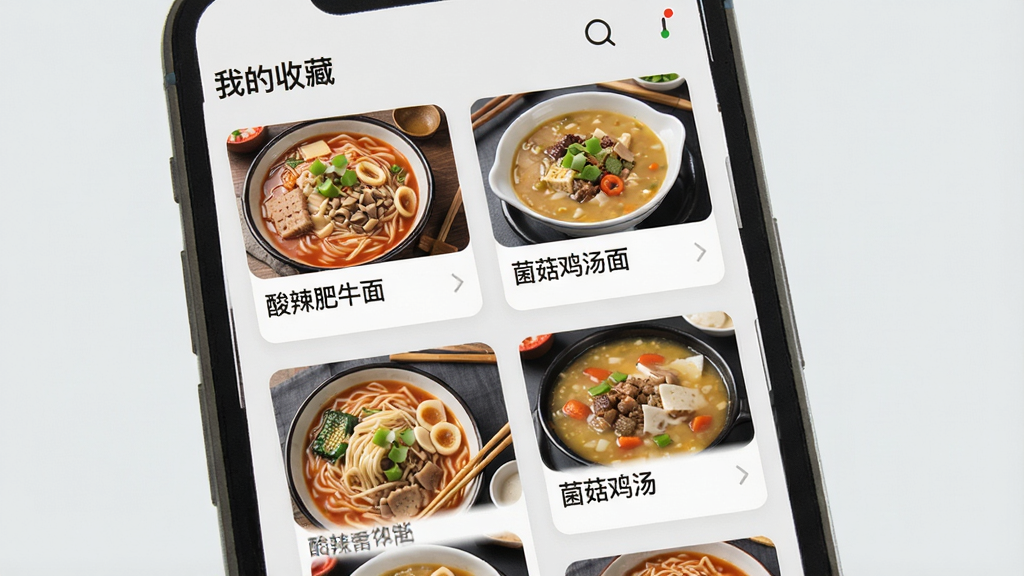 手机屏幕显示汤面道App的收藏夹页面,里面排列着多个汤面食谱卡片,每个卡片上有缩略图和名称,如“酸辣肥牛面”“菌菇鸡汤面”,页面顶部有“我的收藏”字样,背景是浅灰色,整体布局清晰,风格现代扁平,画质干净无多余元素