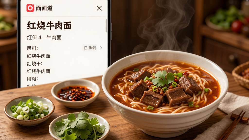 一碗热腾腾的红烧牛肉面放在木质桌面上,旁边摆着几个小碟子装着葱花、香菜和辣椒油,背景是汤面道App的食谱详情页界面,页面上显示着“红烧牛肉面”的标题和用料清单,画面风格写实诱人,光线温暖,画质干净无多余元素