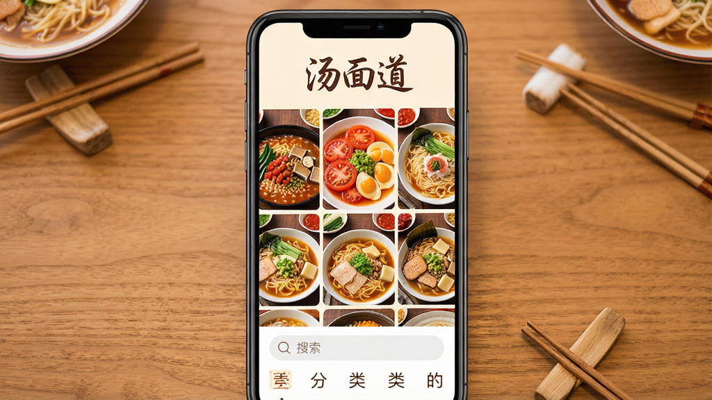 一张手机屏幕展示汤面道应用主界面,界面顶部有“汤面道”手写体Logo,中间是各种汤面美食的网格图片,包括红烧牛肉面、番茄鸡蛋面、清汤阳春面等,底部有搜索栏和分类标签,整体风格温馨暖色调,背景是木质餐桌纹理,画质清晰干净,无多余元素