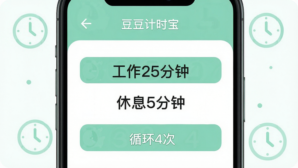 一张展示豆豆计时宝多组循环提醒功能的图片,画面中是一个手机屏幕,屏幕上显示着番茄工作法的计时设置界面,能看到“工作25分钟”“休息5分钟”“循环4次”的文字标签,界面风格扁平化,配色以白色和薄荷绿为主,周围有淡淡的时钟图标点缀,画质清晰,无多余元素,图片中文字包含“豆豆计时宝”