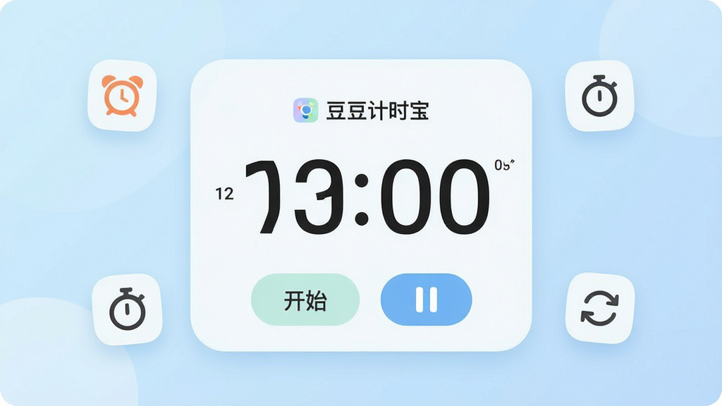 一张展示豆豆计时宝软件核心界面的图片,画面中央是一个简洁的倒计时器界面,上方显示大大的时间数字,下方有开始暂停按钮,背景是柔和的浅蓝色渐变,界面周围漂浮着几个小图标代表闹钟、秒表和循环提醒功能,整体风格清新简约,画质干净清晰,无多余元素,图片中文字包含“豆豆计时宝”