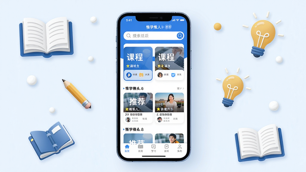 惟学惟人学习平台主界面全貌展示,画面中央是手机屏幕,屏幕内显示惟学惟人App的首页,顶部有搜索栏,中间是课程分类卡片和推荐内容列表,底部为导航栏,界面以蓝白色调为主,风格简洁清爽,手机周围环绕着书籍、铅笔、灯泡等学习元素图标,整体画面干净明亮,画质清晰,无多余杂乱元素