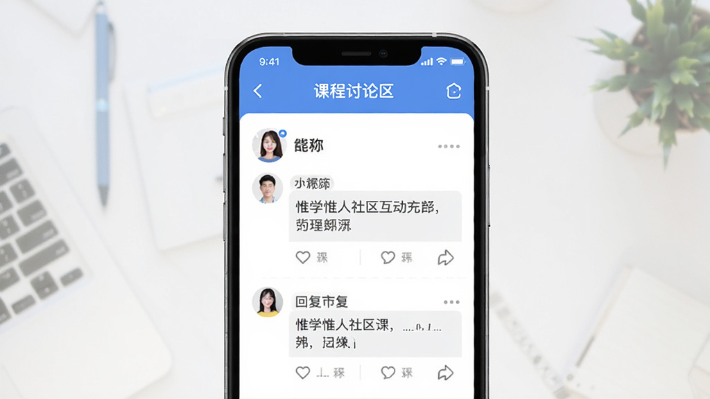 惟学惟人社区互动界面展示,手机屏幕中显示课程讨论区,有用户头像、昵称、提问内容和回复内容,界面布局清晰,文字排版舒适,蓝白色调,风格友好,画面干净整洁