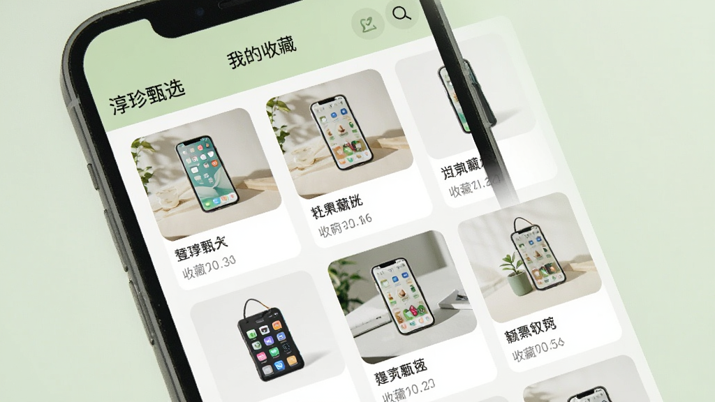 一部手机展示“淳珍甄选”的收藏夹页面,页面中排列着多张已收藏的商品卡片,每张卡片有商品图、名称和收藏时间,顶部有“我的收藏”标题,整体风格清新简洁,主色调为浅绿色和白色,画质干净清晰