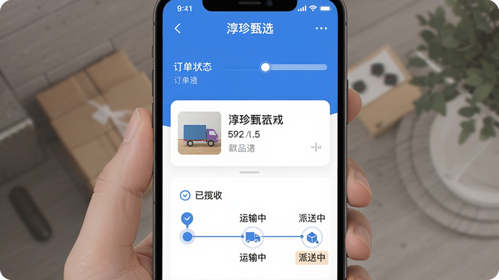 手机屏幕展示“淳珍甄选”的订单物流追踪页面,页面上方是订单状态进度条,中间是商品缩略图和名称,下方是物流时间轴显示“已揽收”“运输中”“派送中”等节点,风格扁平化,主色调为蓝色和白色,画质干净无多余元素