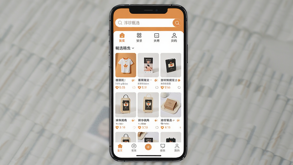 手机屏幕正中央显示“淳珍甄选”APP的首页界面,顶部是搜索栏和分类图标,中间是精选商品卡片瀑布流,底部是导航栏,整体布局清晰,风格现代简约,主色调为暖橙色与白色搭配,画质干净清晰无多余元素