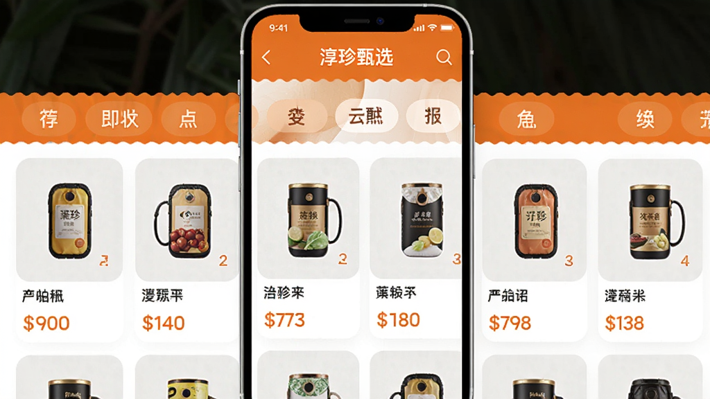 一个手机界面展示“淳珍甄选”的商品推荐页,页面中间是一排排整齐的商品卡片,每张卡片上有商品图片、名称和价格,顶部有分类标签栏,风格简洁明快,主色调为橙色和白色,画质干净清晰