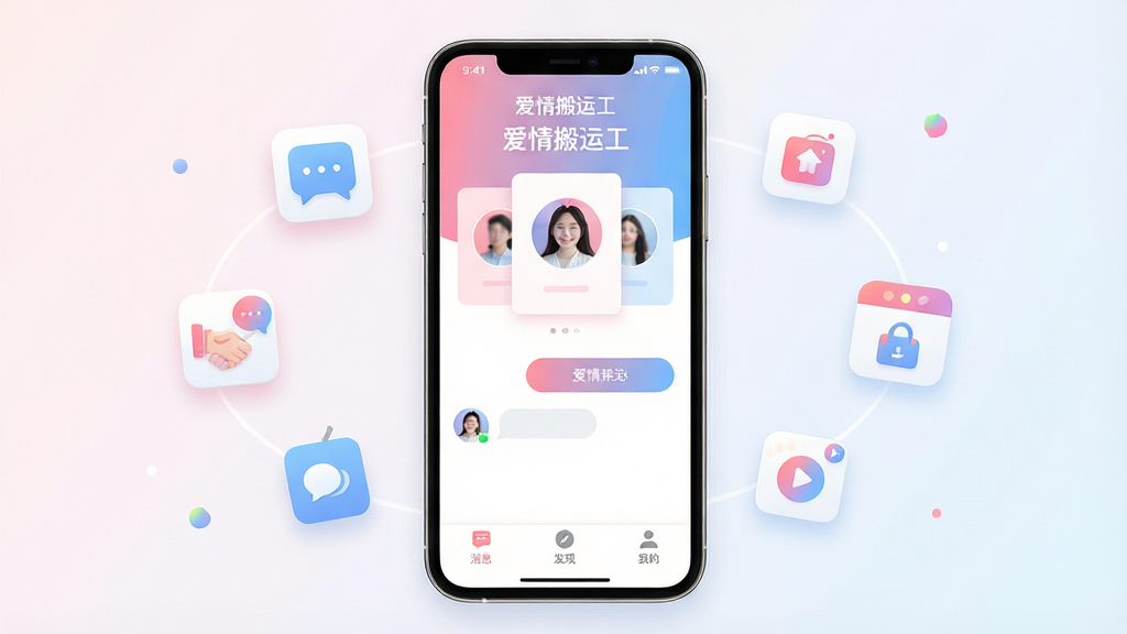 一张用于应用市场展示的软件界面合集图,画面中央是手机屏幕,屏幕上显示着一款名为“爱情搬运工”的社交应用主界面,界面设计简洁现代,以柔和的粉蓝色调为主,顶部有“爱情搬运工”的清晰文字标识,中间是用户头像卡片和聊天按钮,底部导航栏有消息、发现、我的三个图标,手机周围环绕着几个浮动的小图标代表聊天、匹配、动态功能,背景是干净的浅色渐变,整体风格清新明快,画质清晰干净,无多余元素