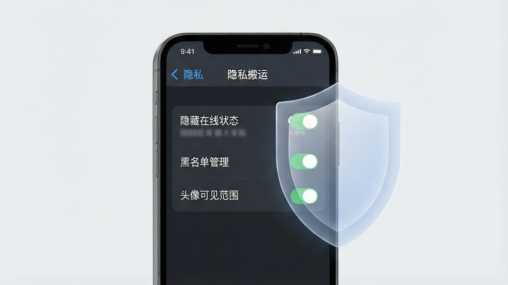 一张用于说明“爱情搬运工”隐私保护功能的示意图,画面中一部手机屏幕上显示着隐私设置菜单,菜单里包含“隐藏在线状态”、“黑名单管理”、“头像可见范围”等选项,每个选项旁边都有清晰的开关按钮,手机周围有一个半透明的盾牌图标象征着安全保护,背景是干净的浅灰色,整体风格简洁商务,画质清晰干净,无多余元素