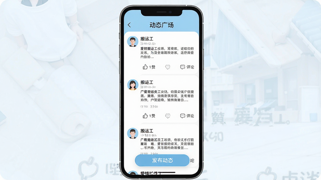 一张展示“爱情搬运工”动态广场页面的手机界面图,屏幕上显示着用户发布的图文动态流,每条动态有头像、昵称、文字内容和点赞评论按钮,界面顶部有“动态广场”的标题,底部有发布动态的悬浮按钮,整体色调以白色和浅蓝色为主,布局清晰,文字标签明确,风格现代扁平,细节圆润,画质干净无多余元素
