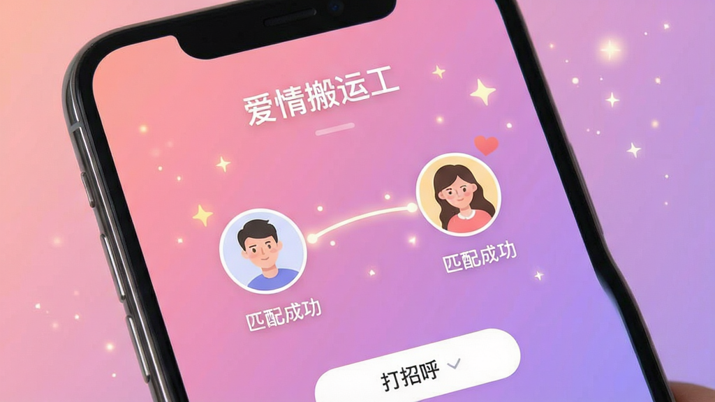 一张展示“爱情搬运工”智能匹配功能的界面截图,画面中一部手机屏幕上显示着匹配成功的动画效果,两个用户头像通过一条发光的线条连接在一起,头像旁边有“匹配成功”和“打招呼”的按钮,手机界面背景是柔和的粉紫色渐变,周围有星星点点的光效点缀,整体风格温馨且具有科技感,画质干净清晰,无多余元素