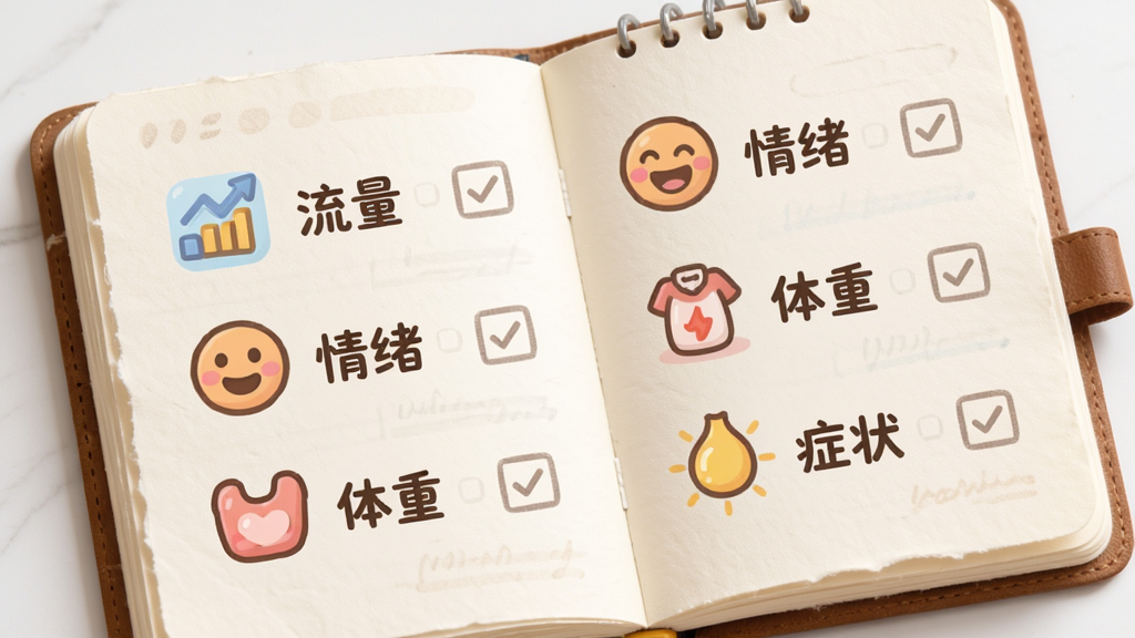 主体是一个打开的笔记本样式的界面,页面上用图标和简短文字列出了“流量”、“情绪”、“体重”、“症状”等记录项,每个项目旁边都有一个小勾选框,布局采用两列排布,排版清晰有条理,风格是清新手账风,细节上纸张有淡淡的纹理,图标是圆润的卡通风格,画质清晰,画面干净,无多余元素