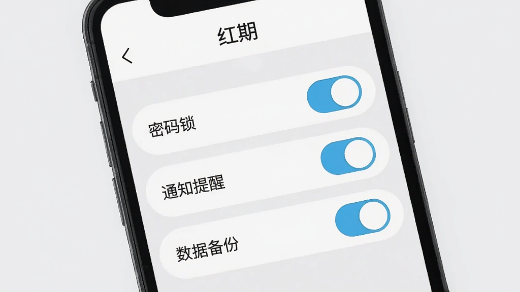 主体是一个手机屏幕显示着“红期”APP的设置页面,页面上有“密码锁”、“通知提醒”、“数据备份”三个选项开关,布局是竖排列表,排版清晰,风格是扁平化设计,细节上开关按钮是圆润的胶囊形状,背景是浅灰色,画质清晰,画面干净,无多余元素