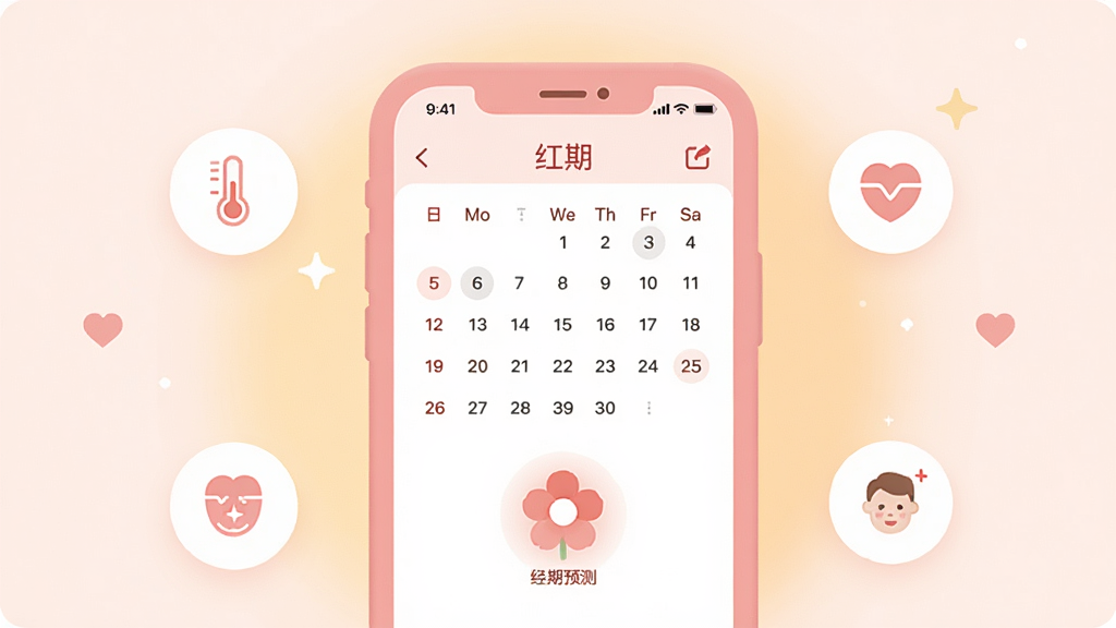 主体是一个粉色调的智能手机屏幕,屏幕中央显示着“红期”APP的日历主界面,日期下方有一个柔和的小花朵图标代表经期预测,屏幕周围散落着几个极简风格的图标代表体温、体重、心情记录,布局采用居中对称式,排版干净疏朗,风格是温馨治愈的扁平化插画,细节上手机边缘圆润,背景有淡淡的暖色光晕,画质高清,画面干净,无多余元素