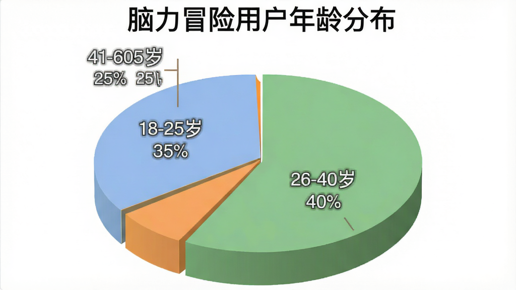 一个饼状图,标题是“脑力冒险用户年龄分布”,图表分为三块,分别标注“18-25岁 35%”、“26-40岁 40%”、“41-60岁 25%”,配色使用柔和的蓝色、绿色和橙色,风格是扁平化数据可视化,细节上百分比数字清晰,画质干净,背景白色,没有多余元素