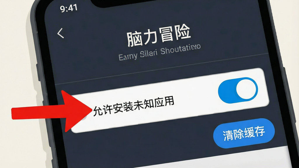 一个手机屏幕的特写,屏幕上显示“脑力冒险”的安装权限设置界面,有一个醒目的红色箭头指向“允许安装未知应用”的开关,旁边有蓝色的“清除缓存”按钮图标,风格是扁平化教程插图,细节上文字清晰,画质干净,背景是浅色,没有多余元素