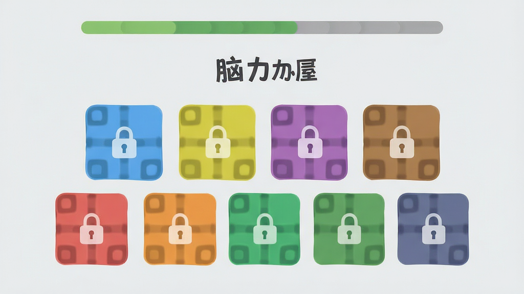 一个手机界面截图风格的概念图,展示“脑力冒险”的游戏关卡选择页面,上面有各种颜色的小方块代表不同关卡,部分方块上带有锁的图标,顶部有进度条,风格是极简扁平,细节上图标清晰,画质干净,背景是浅灰色,没有多余装饰