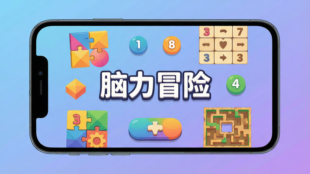 一个充满活力的手机屏幕,屏幕中央显示着“脑力冒险”的游戏主界面,界面上有色彩鲜艳的几何图形拼图、数字逻辑谜题和迷宫元素交织在一起,背景是柔和的蓝紫色渐变,风格是扁平化卡通,细节上按钮圆润、图标清晰,画质干净明亮,没有多余元素