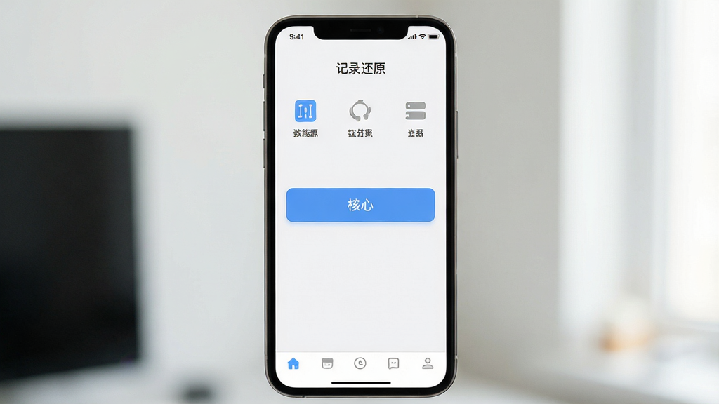 一张展示“记录还原”轻量无广告特点的图片,主体是手机屏幕展示软件主界面,界面上没有广告横幅,只有功能入口和简洁的图标,布局清爽,顶部有“记录还原”名称,中间是核心功能按钮,底部是导航栏,风格极简干净,细节清晰,画质明亮,无多余元素。