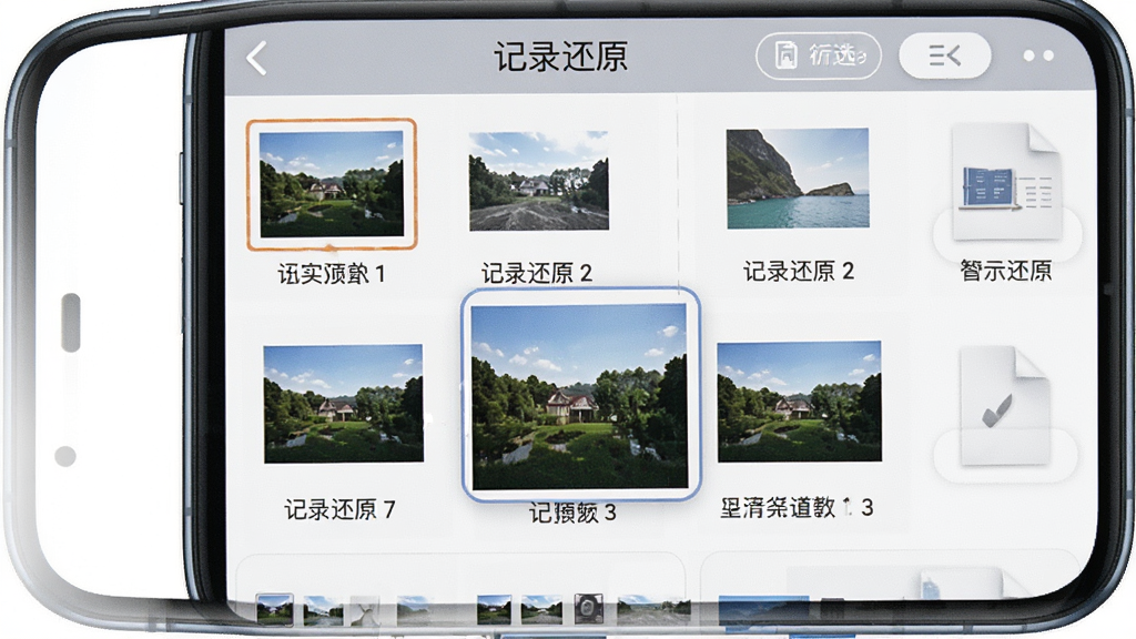 一张展示“记录还原”预览功能的图片,主体是手机屏幕显示文件预览界面,屏幕上列出多张缩略图和文件名称,其中一张图片被点击放大预览,布局采用网格排列,顶部有“记录还原”标题栏和筛选按钮,风格简洁直观,细节清晰,画质干净,无多余元素。