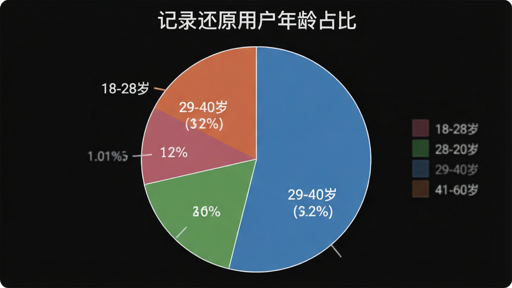 一张展示“记录还原”用户年龄分布的饼状图,主体是圆形饼图,图表标题为“记录还原用户年龄占比”,图中标注不同颜色区块代表18-28岁、29-40岁、41-60岁年龄段,布局居中,风格数据可视化清晰,细节百分比数字明确,画质干净,无多余元素。