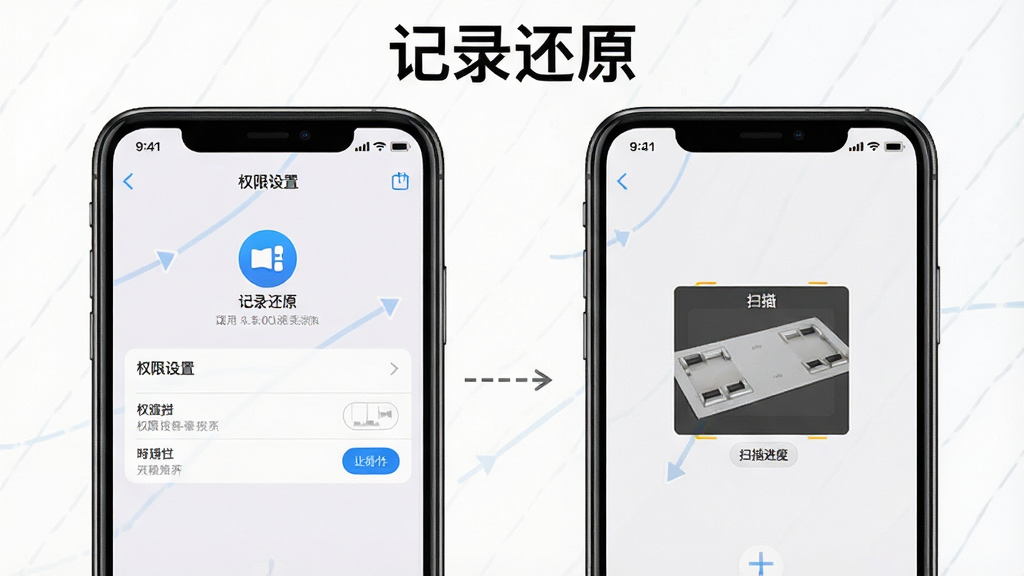 一张展示“记录还原”使用操作步骤的图片,主体是手机屏幕分屏展示,左侧是权限设置界面,右侧是扫描进度界面,布局左右分栏,顶部有“记录还原”文字标识,风格教程指引清晰,细节图标明确,画质干净,无多余元素。