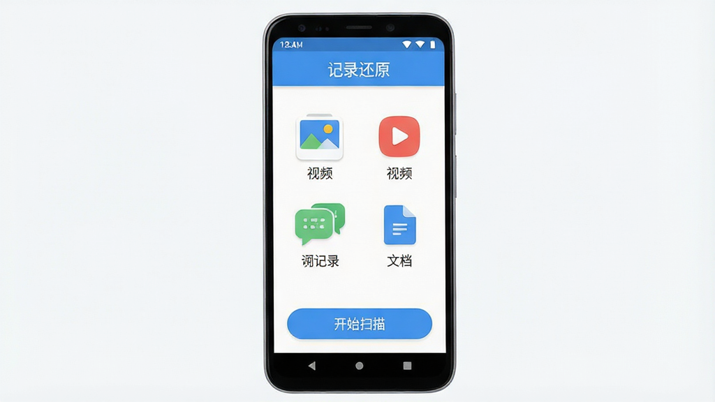 一张展示“记录还原”软件核心全貌的图片,主体是一部安卓手机屏幕,屏幕上显示“记录还原”APP的主界面,界面布局清晰,顶部有软件名称“记录还原”,中间区域展示照片、视频、聊天记录、文档等恢复选项图标,底部有开始扫描按钮,整体排版简洁明了,风格现代扁平化,细节圆润,色彩以蓝白为主,画质干净清晰,无多余元素。