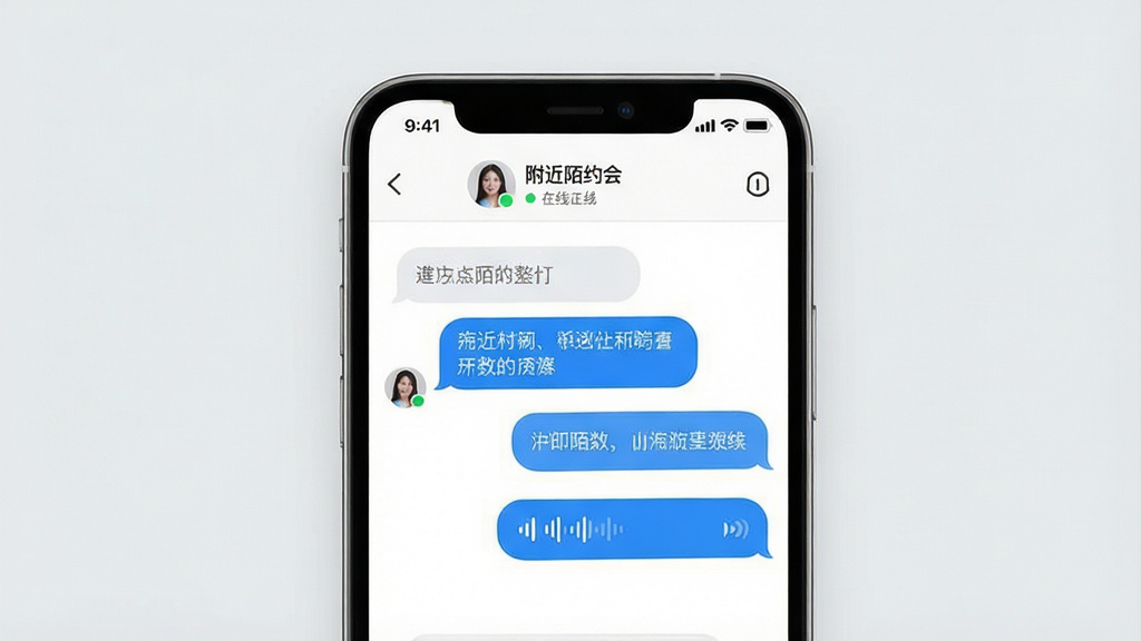 一张展示“附近陌约会”聊天界面的图片,画面中心是手机屏幕,屏幕内显示对话气泡和语音消息条,顶部显示对方昵称和在线状态,背景是简洁的浅灰色,风格清新现代,画质干净,无多余元素