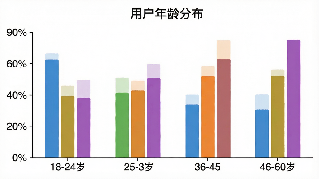 一张柱状图展示“附近陌约会”用户年龄分布,横轴为18-24岁、25-35岁、36-45岁、46-60岁四个年龄段,纵轴为用户占比百分比,柱体颜色分别为蓝色、绿色、橙色、紫色,图表标题为“用户年龄分布”,背景白色,风格简洁数据可视化,画质干净,无多余元素