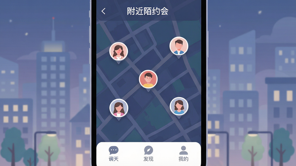 一张展示手机社交应用主界面的图片,画面中央是“附近陌约会”应用界面,显示地图上散布着多个用户头像,底部有聊天、发现、我的三个选项卡,背景是城市夜景的浅色插画风格,整体布局清晰,文字标签明确,风格现代扁平化,细节圆润,画质干净,无多余元素