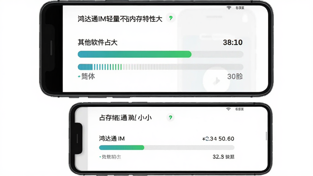 鸿达通IM轻量不占内存特性展示,主体是手机屏幕显示存储空间对比图,布局为上下结构上方显示其他软件占用大下方显示鸿达通IM占用小,排版直观清晰,风格简洁数据可视化,细节包含进度条和数字标注,画质干净无多余元素