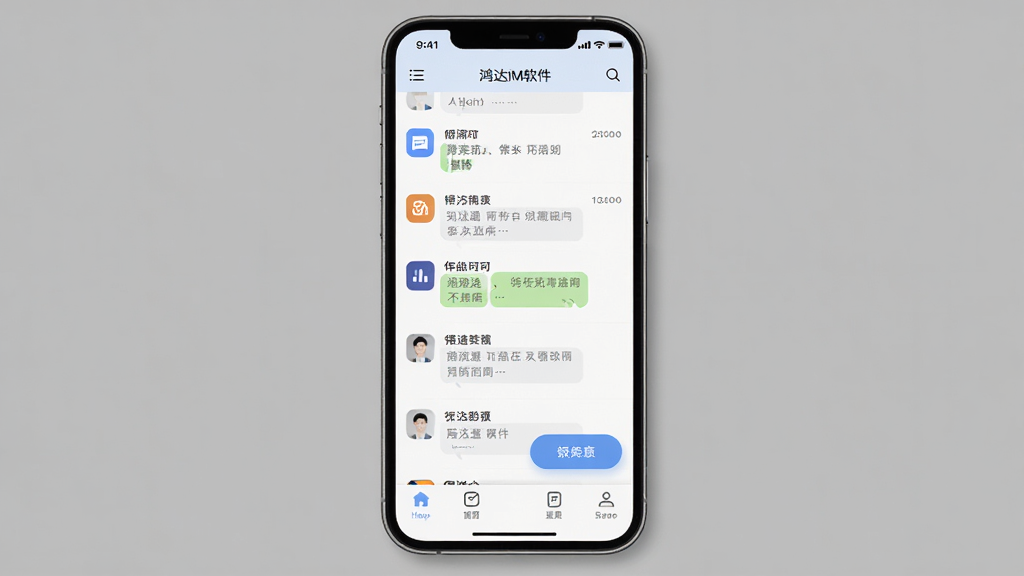 鸿达通IM软件主界面全貌展示,主体是一个手机屏幕显示聊天列表和功能按钮,布局采用顶部导航栏加中间消息流加底部标签栏的经典结构,排版清晰整洁,风格简约现代扁平化设计,细节上包含圆角图标和柔和阴影,画质高清干净无多余元素