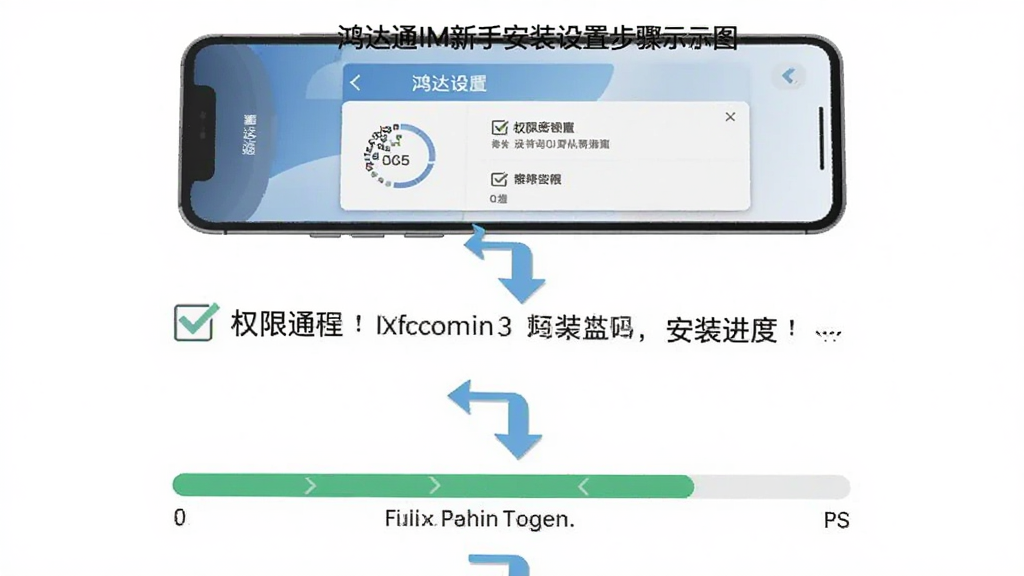 鸿达通IM新手安装设置步骤示意图,主体是手机屏幕显示权限设置页面和安装进度条,布局为分步展示从上到下排列,排版清晰有序,风格扁平化教学图示,细节包含勾选框和箭头指示,画质干净无多余元素