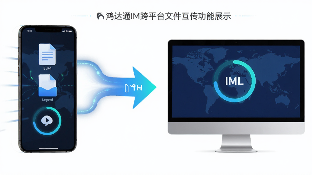 鸿达通IM跨平台文件互传功能展示,主体是手机与电脑之间文件传输的连线示意图,布局为左右设备中间箭头,排版动感流畅,风格现代科技,细节包含文件图标和进度环,画质清晰干净无多余元素