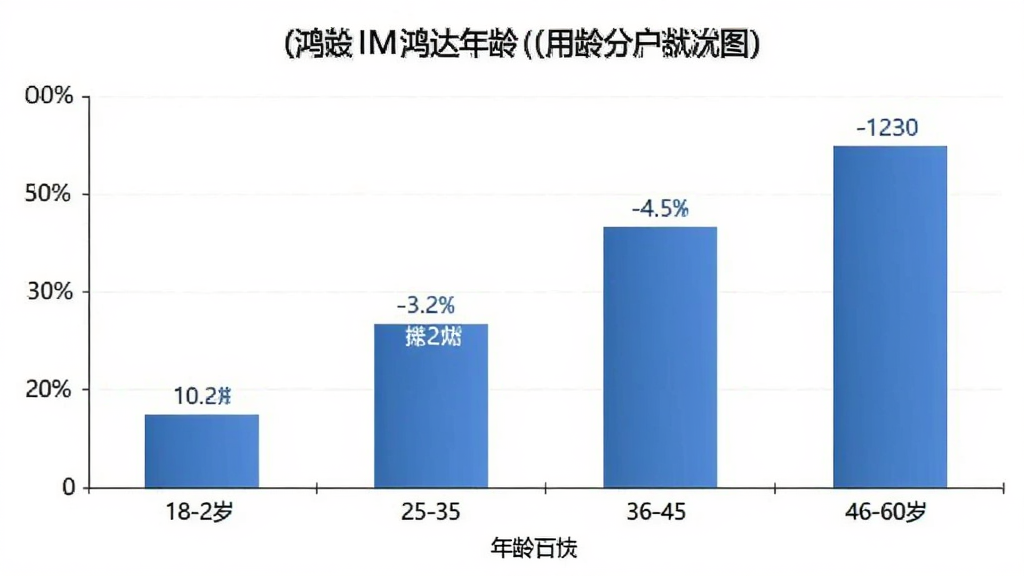鸿达通IM用户年龄分布柱状图,主体是柱状图显示不同年龄段用户占比,布局为横轴年龄纵轴百分比,排版清晰数据可视化,风格商务简洁,细节包含18-24岁、25-35岁、36-45岁、46-60岁四个柱子,画质干净无多余元素