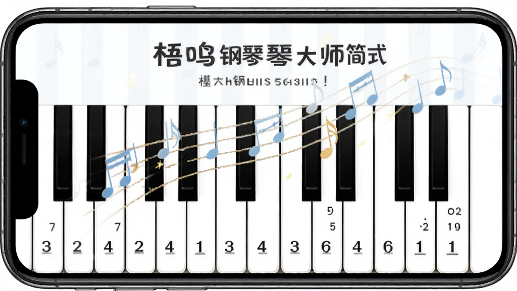 一张展示梧鸣钢琴模拟大师简谱模式的图片,手机屏幕上钢琴琴键上标注着简谱数字,画面中有音符飘动的效果,风格活泼,画质干净