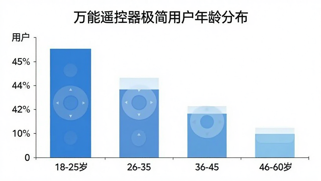 万能遥控器极简用户年龄分布柱状图,横轴为年龄段18-25岁、26-35岁、36-45岁、46-60岁,纵轴为用户占比,柱状图显示各年龄段分布比例,图表标题