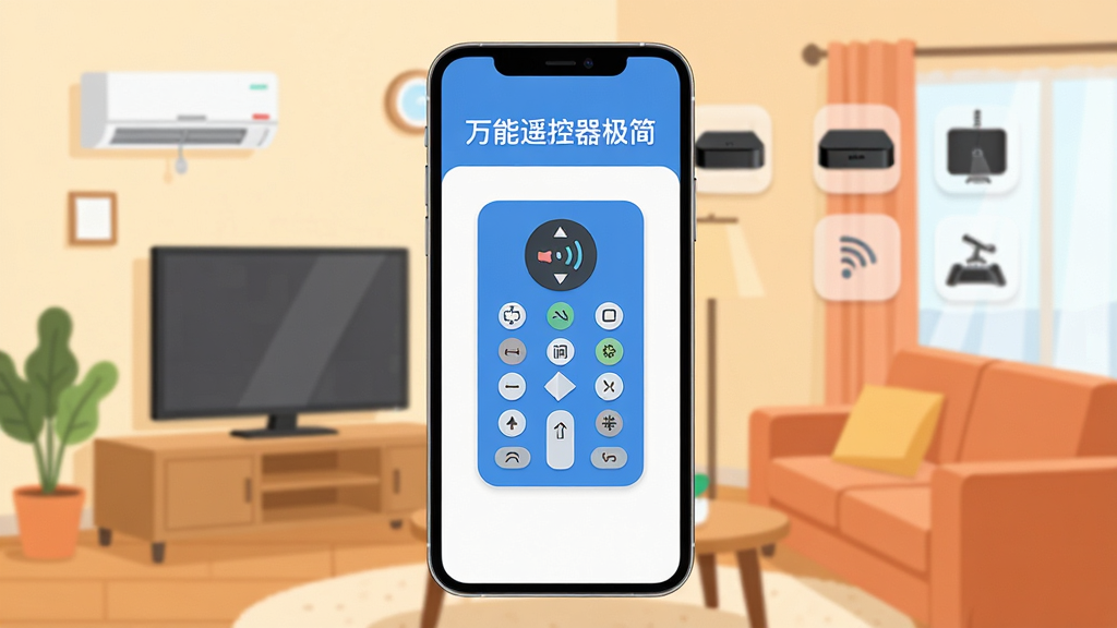 万能遥控器极简App主界面展示,手机屏幕中央显示空调遥控面板,背景是温馨客厅场景,空调、电视、机顶盒图标排列整齐,界面简洁蓝白配色,文字标注