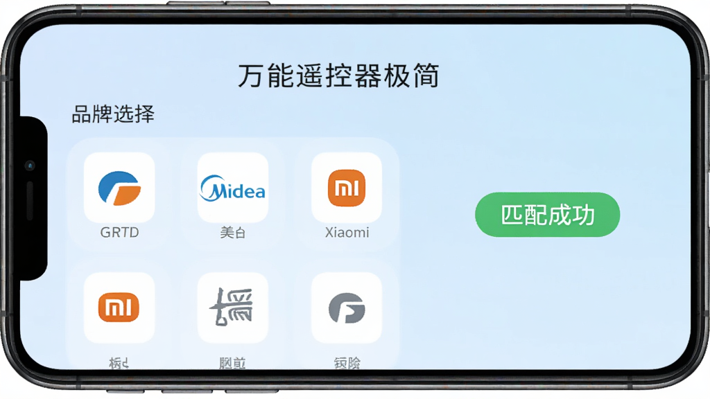 万能遥控器极简红外码库匹配界面,手机屏幕显示品牌选择列表,格力、美的、小米等品牌图标依次排列,旁边有