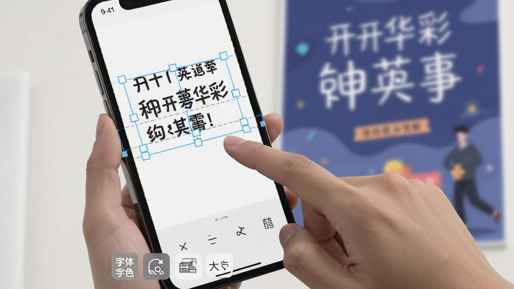 开开华彩 编辑界面操作展示,画面中一只手正在点击手机屏幕上的文字进行修改,屏幕上有智能对齐辅助线,下方工具栏显示字体、颜色、大小等选项,背景是正在编辑的海报,整体风格简洁直观,画质干净无多余元素