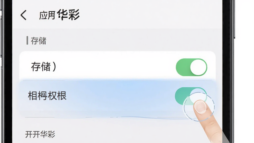 开开华彩 权限设置界面示意图,展示手机设置中应用权限管理页面,高亮显示存储和相册权限开关,旁边有手指点击的示意,背景是手机系统设置界面,风格简洁清晰,画质干净无多余元素