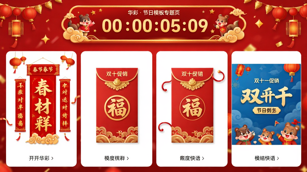 开开华彩 节日模板专题页,展示春节对联、红包封面、双十一促销主图等模板,每个模板都有节日元素装饰,界面顶部有节日倒计时横幅,背景是喜庆的红色和金色,整体风格热闹欢快,画质干净无多余元素