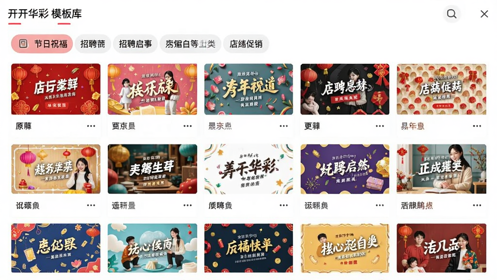 开开华彩 模板库界面截图,展示节日祝福、招聘启事、店铺促销等分类标签,下方是瀑布流式的模板缩略图,每张图都有不同的设计风格,色彩丰富,界面布局整齐,文字标签清晰可见,整体风格活泼明快,画质干净无多余元素