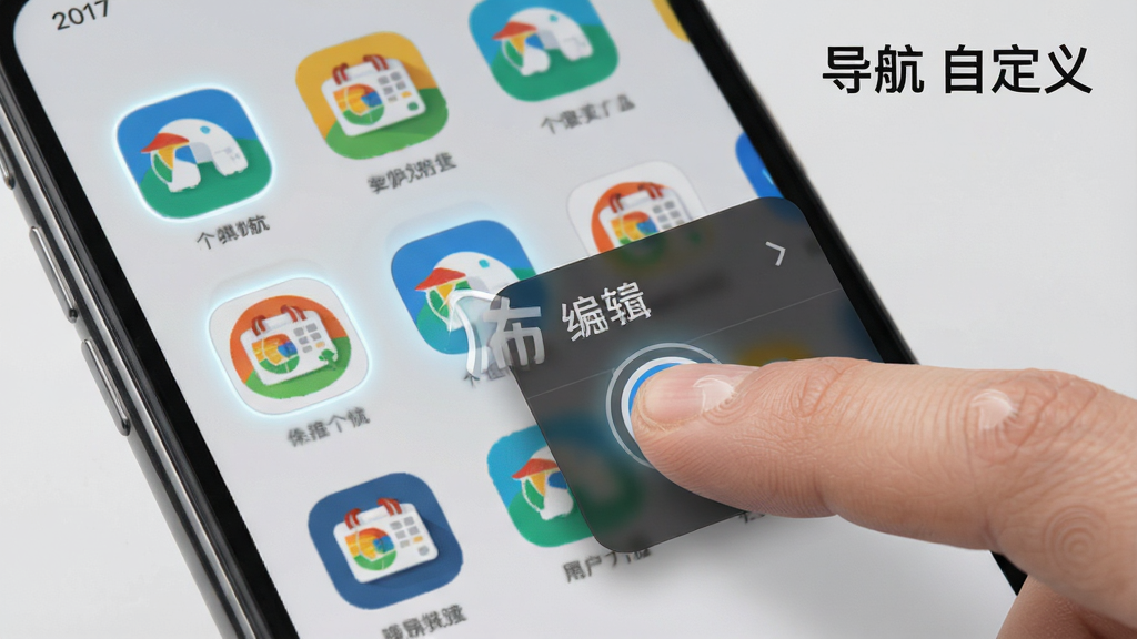 布导航 个性化自定义功能展示图,主体是手机界面,布局显示用户正在长按一个网站图标并弹出编辑菜单,排版上图标排列整齐,风格为写实UI风格,细节包含手指触控动作和图标高亮效果,背景为浅灰色,画质干净无多余元素,图片中文字显示“布导航 自定义”