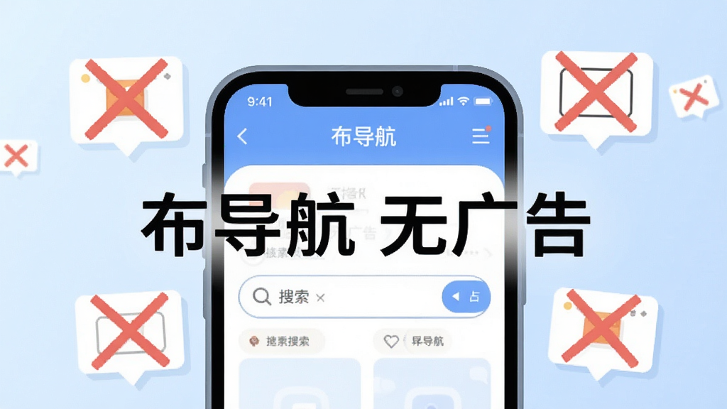 布导航 无广告纯净体验展示图,主体是手机屏幕特写,屏幕上显示布导航的搜索界面,周围漂浮着打叉的广告弹窗图标,布局为居中构图,排版突出干净清爽的感觉,风格为扁平插画,细节上手机边框圆润,背景为淡蓝色渐变,画质清晰干净,图片中文字显示“布导航 无广告”